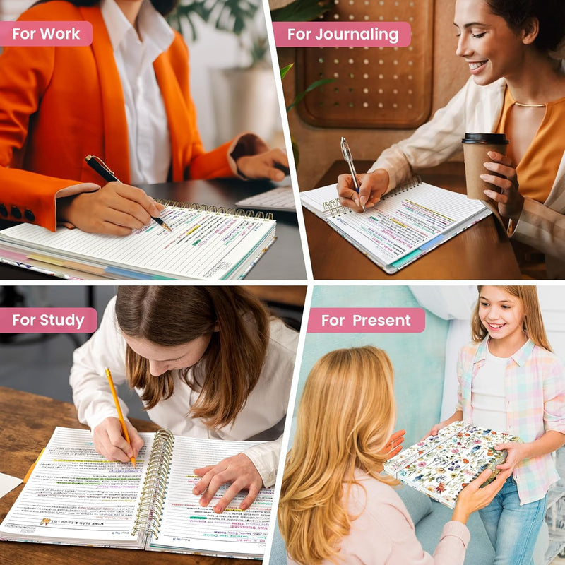 Large Spiral Lined Notebooks for Work with Removable Dividers & Tabs, 8.5"x11" Pretty Hardcover 5 Subject Notebook Journal for Women, College Ruled, Perfect for Study & Office Organization, 280 Pages,Wildflowers