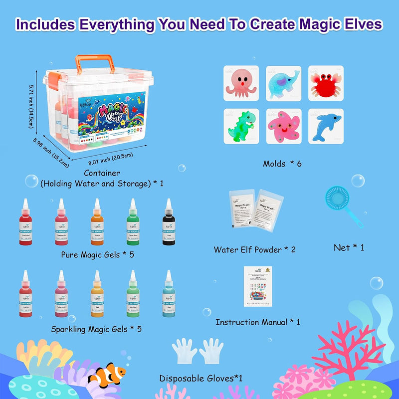 Kiditos Magic Water Elf Toy Kit,Squishies for Kids, DIY Sensory Craft Kit | 10 Gels & 6 Molds, Make Your Own Magic Water Pets, STEM Science Activity, Party Favors & Birthday Gifts for Kids Ages 3+