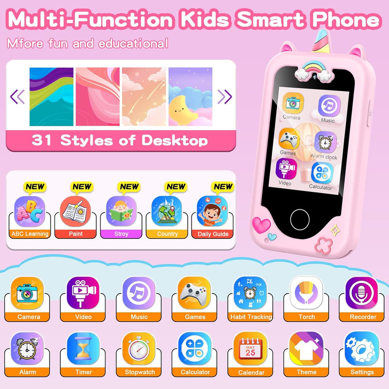 Multifunctional Kids Smart Phone with Dual Camera, Games & Music Player, Toddler Learning Toy, Ages 3-10