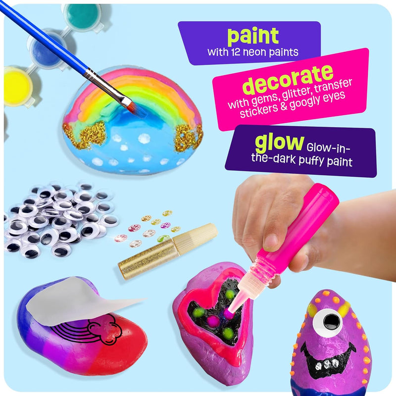 Dan&Darci kids' rock painting kit with glow-in-the-dark paints for creative art toys, ages 6-12.