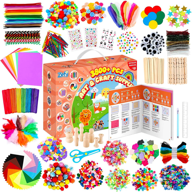 Zefy 3200+ Pcs Arts and Crafts Supplies for Kids, All in One Craft Kits | DIY School Supplies Kit with 12 Crafts Design, Craft Box Easter Gifts for Girls Boys Ages 4-12