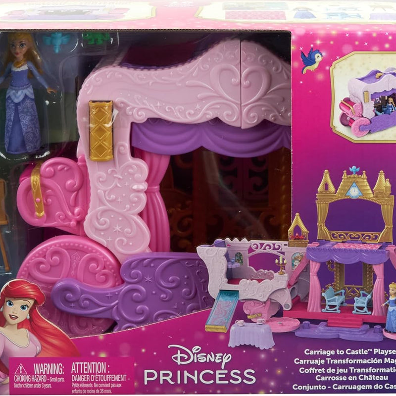 Mattel Disney Princess Toys, Carriage to Castle Transforming Playset with Aurora Small Doll, 4 Figures, Furniture & Accessories​​​