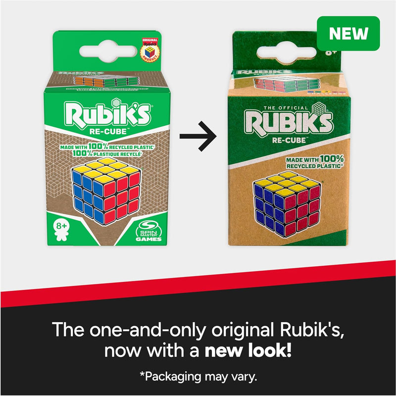 Rubik's Re-Cube 3x3 Cube Made with 100% Recycled Plastic, Color-Matching Puzzle for Ages 8 & Up