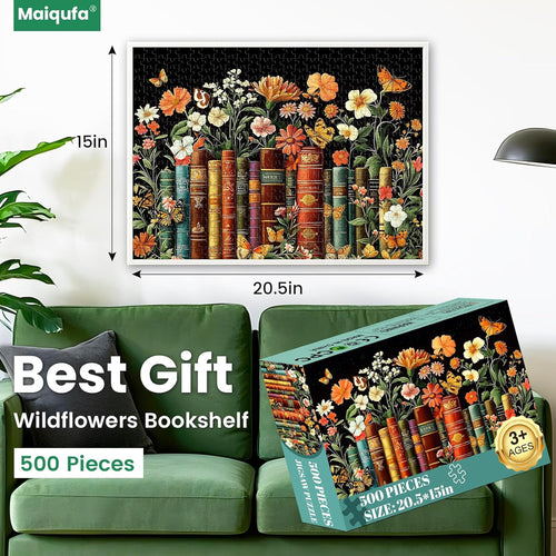 Vintage Wildflowers and Books 500-Piece Puzzle: Recycled Cardboard Jigsaw Challenge for Adults and Seniors