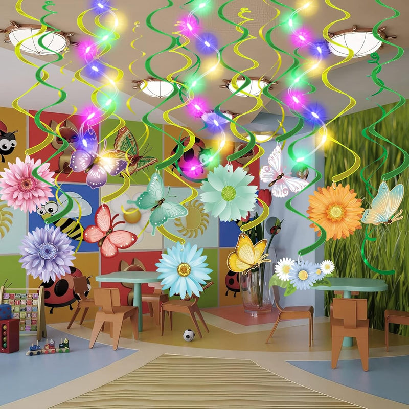 33pcs Spring Flower & Butterfly Hanging Decorations with LED Lights for Easter, Birthday Parties, and Home Decor