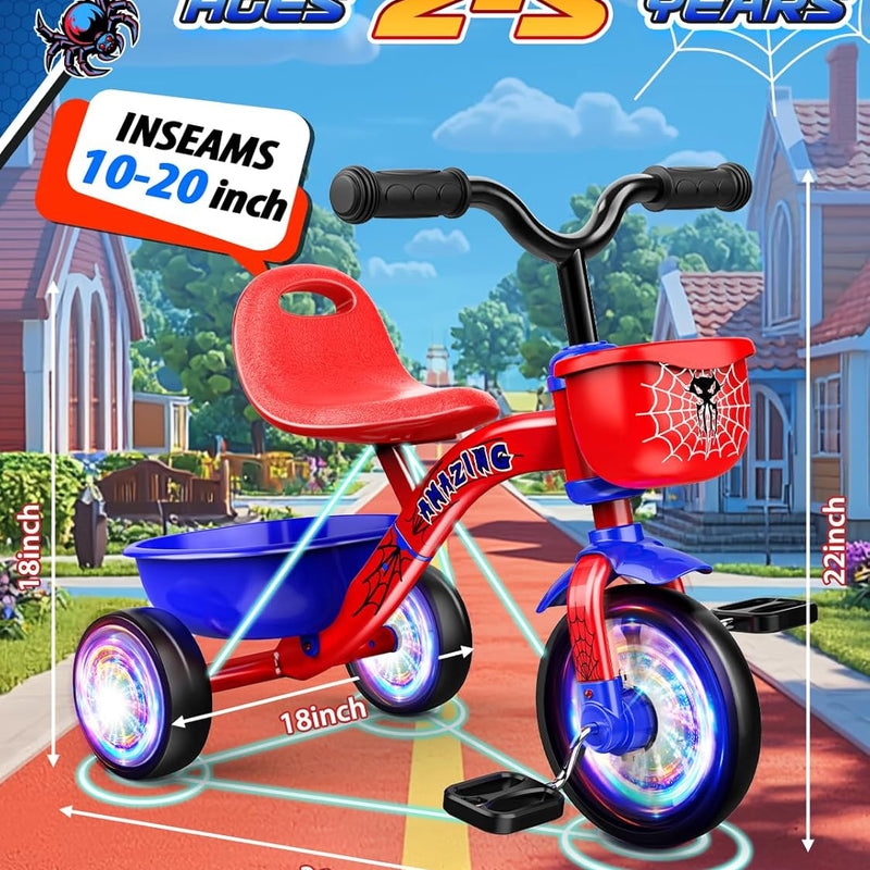 Stable Spider Toddler Tricycle for 1-5 Year Olds with Colorful Lighting, Large Basket & Thickened Noiseless Wheels