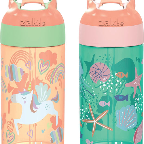Zak Designs 16oz Riverside Kids Water Bottle with Spout Cover and Built-in Carrying Loop, Made of Durable Plastic, Leak-Proof Water Bottle Design for Travel (Unicorn & Shells, Pack of 2)