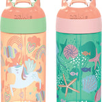 Zak Designs 16oz Riverside Kids Water Bottle with Spout Cover and Built-in Carrying Loop, Made of Durable Plastic, Leak-Proof Water Bottle Design for Travel (Unicorn & Shells, Pack of 2)