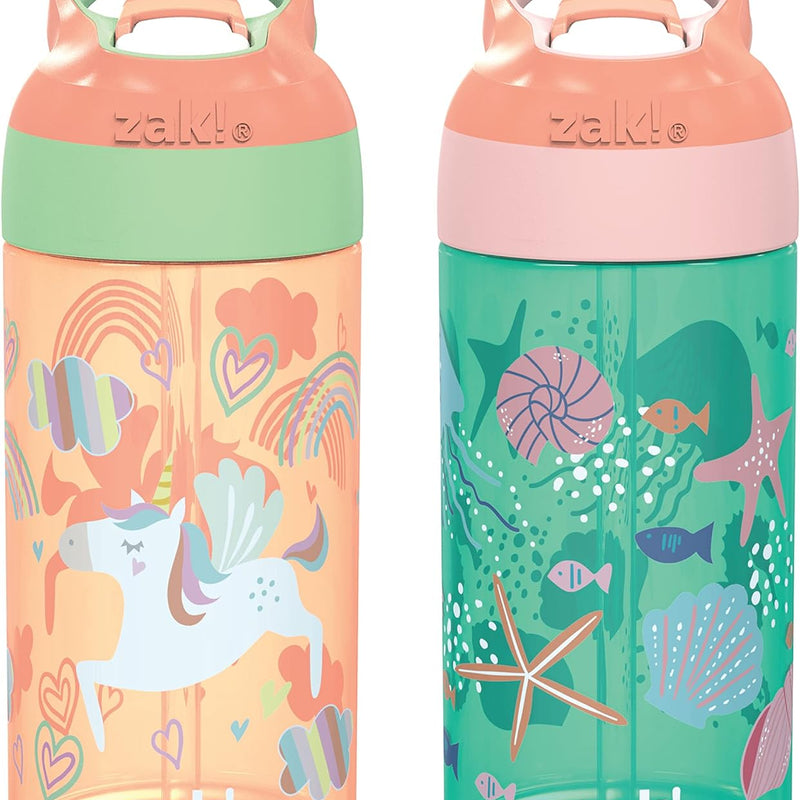 Zak Designs 16oz Riverside Kids Water Bottle with Spout Cover and Built-in Carrying Loop, Made of Durable Plastic, Leak-Proof Water Bottle Design for Travel (Unicorn & Shells, Pack of 2)