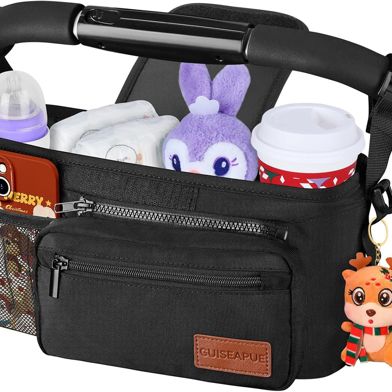 Stroller Organizer with Cup Holder, Non-Slip Stroller Caddy Baby Essentials | Universal Stroller Bag Accessories with Detachable Phone Bag, Fits for Uppababy, Baby Jogger, Christmas New Moms Baby Gifts