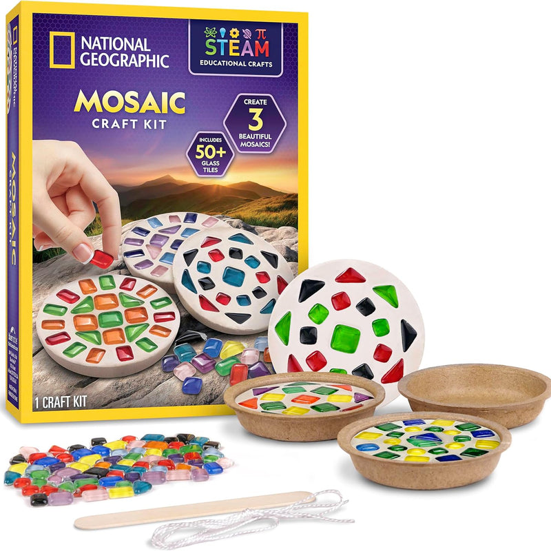 National Geographic Mega Arts and Crafts Activity Kit for Kids Ages 8-12 | Mosaic Art, Marbling Paint and Air-Dry Clay, 3 Craft Kits, 19 Art Projects, 100+ Components, Creative Birthday Gift