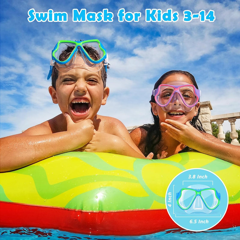 Freela 2 Pack Kids Swim Goggles Mask for Boys Girls 3-14, Tempered Glass Lens 180° HD View with Nose Cover for Pool Beach