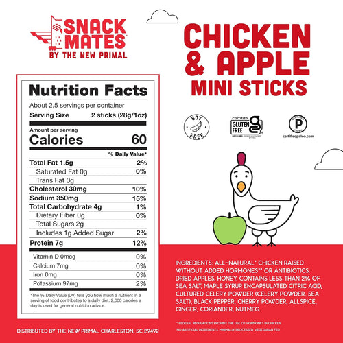 The New Primal Snack Mates, Chicken and Apple Stick - All Natural Chicken, High Protein and Low Sugar Kids Snack, Certified Paleo, Gluten Free, Lunchbox Friendly - 1 Count (Pack of 5)