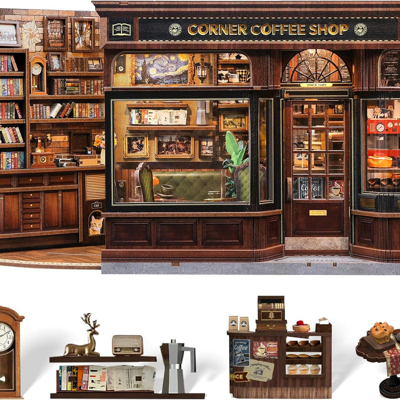 CUTEBEE Book Nook Kit - DIY Miniature House Coffee Shop Dollhouse Kit for Adults, Booknook Tiny House Bookshelf Decor 3D Wooden Puzzle, Gifts for Family, Friends (Corner Coffee Shop)