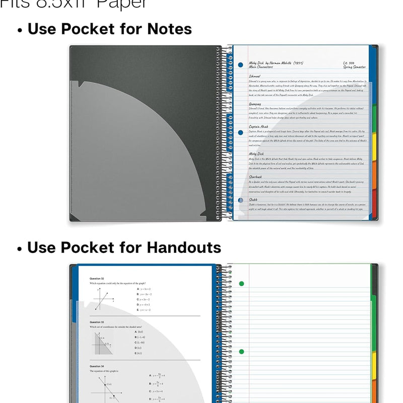 Dunwell 5-Subject Notebook, College Ruled, Colorful Movable Pocket Dividers with Tabs, Front/Back Plastic Covers, 200 Sheets (400 Pages) of 3-Hole Punch Perforated 8.5x11 Paper
