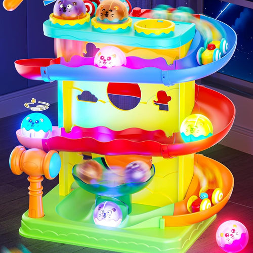 2-in-1 Light Up Rolling Ball & Racing Car Ramp Toddler Toy | Ball Drop Toy Race Track with Hammer, Interactive Montessori Learning Game & Kids 1-5+ Year Old Girl Boy Gift(Yellow)