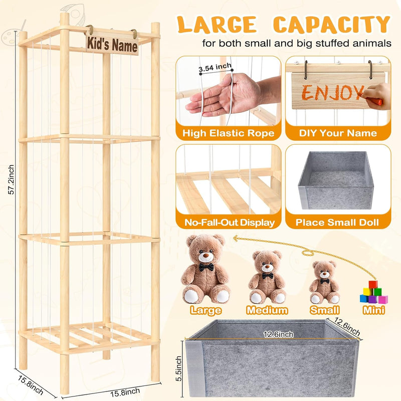 Stuffed Animal Storage with Toys Tray, 57In Large Wooden Stuffy Plushies Storage Holder Extra Large Capacity Stuffed Animals Zoo Organizer for Toddler Rooms, Playrooms & Bedrooms