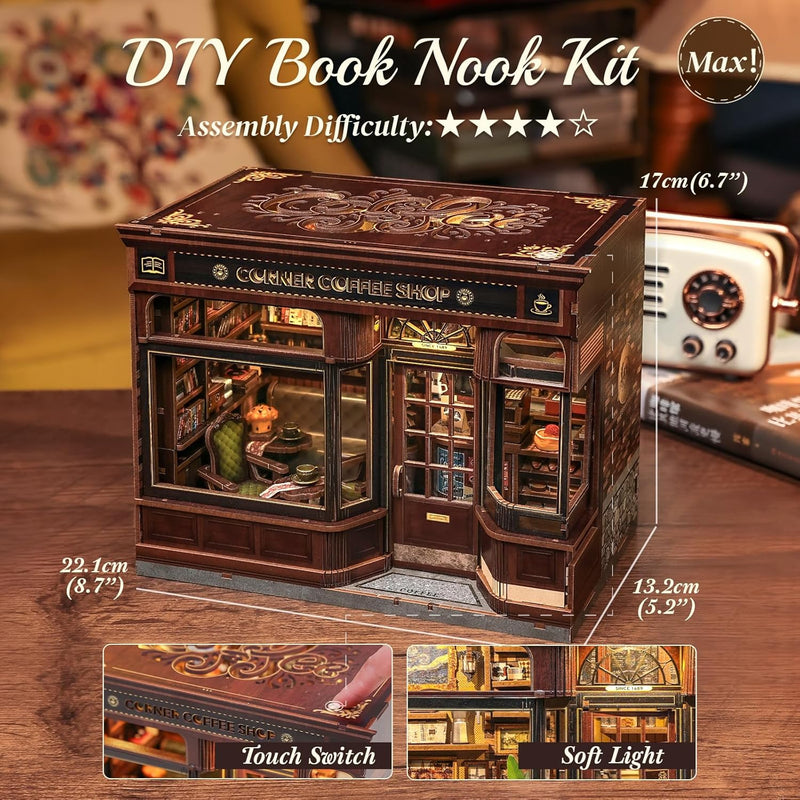 CUTEBEE Book Nook Kit - DIY Miniature House Coffee Shop Dollhouse Kit for Adults, Booknook Tiny House Bookshelf Decor 3D Wooden Puzzle, Gifts for Family, Friends (Corner Coffee Shop)