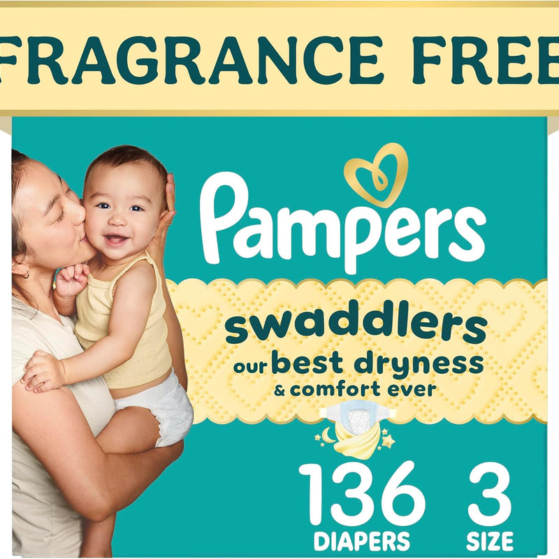Pampers Swaddlers Diapers, Size 3 (13-26 lbs), 136 Count, Fragrance Free, Hypoallergenic, Absorbent, Pediatrician Recommended, Skin Safe