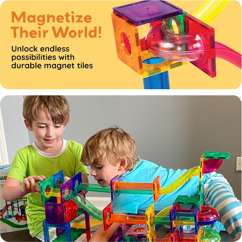 PicassoTiles 50pcs Magnetic Tiles Marble Run for Kids Race Track Toy Marble Maze Sensory Toys for Toddlers STEM Educational Set Magnet Building Blocks Construction Building Tiles Boys Girls 3+ PTG50
