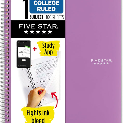 Five Star Spiral Notebook + Study App, 1 Subject, College Ruled Paper, 8-1/2" x 11", 100 Sheets, Fights Ink Bleed, Water Resistant Cover, Amethyst Purple (38744)