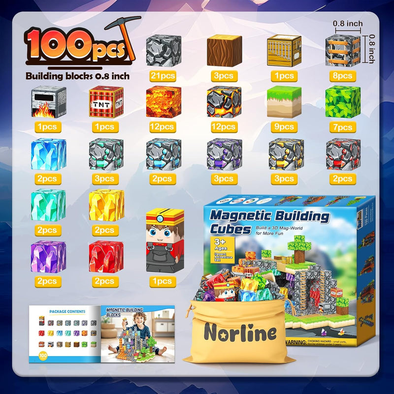 100PCS Magnetic Blocks Building Toys, STEM Learning Sensory Toys for Kids Age 3-5 4-8 5-7 8-12, Gem Cave Adventure Mine Magnet World Craft, Christmas Game Gift for for 3+ Years Old Boys Girls(0.8")