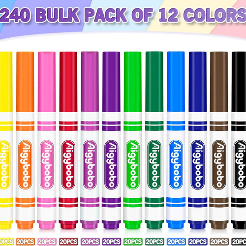 Aigybobo 240 Count Washable Markers Bulk, 12 Assorted Colors, Broad Line Conical Tip Coloring Marker for Kids, Markers Bulk Pack for Classroom, School Art Supplies & Back to School Supplies