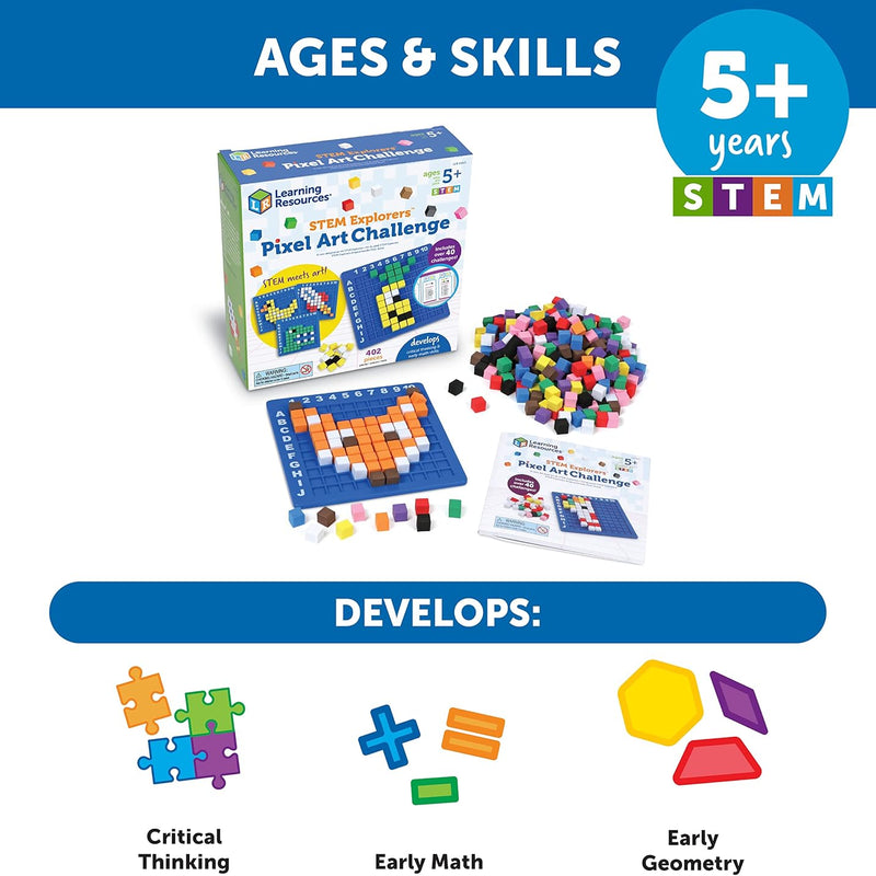 Learning Resources STEM Explorers Pixel Art Challenge, science kit for kids, ages 5+, fine motor skills, math manipulatives, pattern blocks, gifts for boys and girls