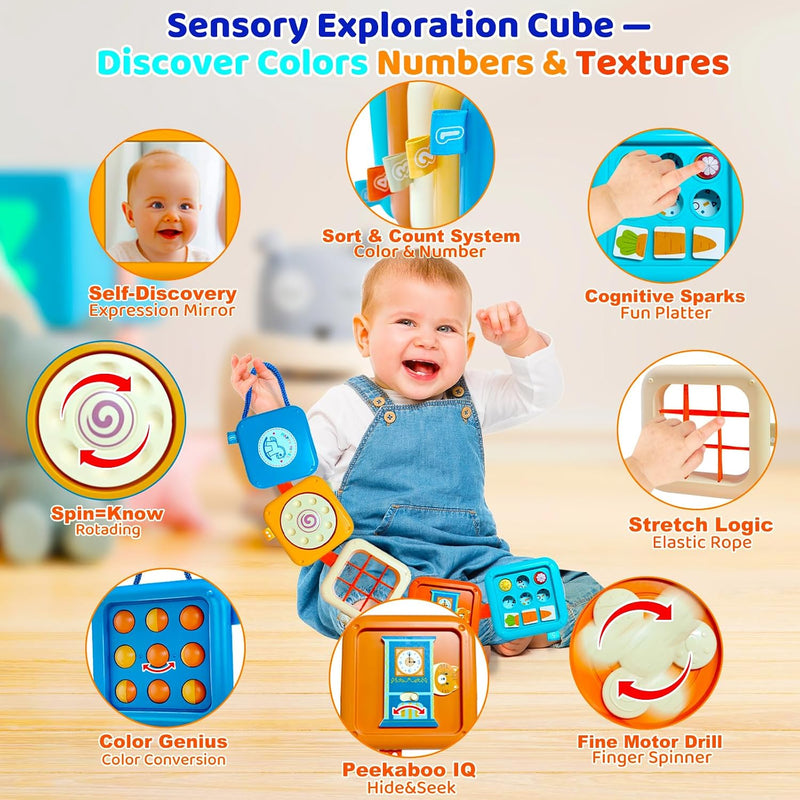 Portable Travel Toys for Baby 6-18M: 5 Foldable Cubes 7 Activity Panels | Busy Board for Car Seat & Airplane Trips - Builds Sensory Fine Motor Skills - Gifts for Baby Birthday Christmas