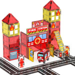 Magnetic Tiles for Kids, 56PCS Construction Magnet Tiles with Fire Truck Station, Building, Road, Crane, Car Truck - STEM Magnetic Blocks for Kids Ages 4-8, Toys for 4 5 Year Old Boys Birthday Gifts