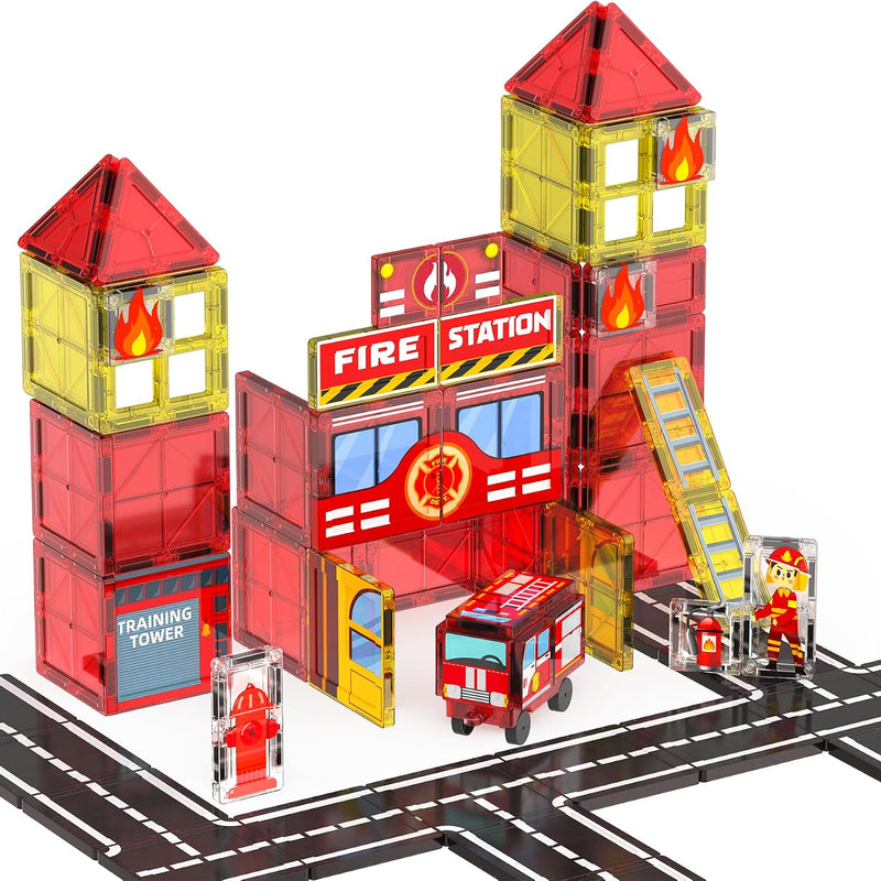 Magnetic Tiles for Kids, 56PCS Construction Magnet Tiles with Fire Truck Station, Building, Road, Crane, Car Truck - STEM Magnetic Blocks for Kids Ages 4-8, Toys for 4 5 Year Old Boys Birthday Gifts