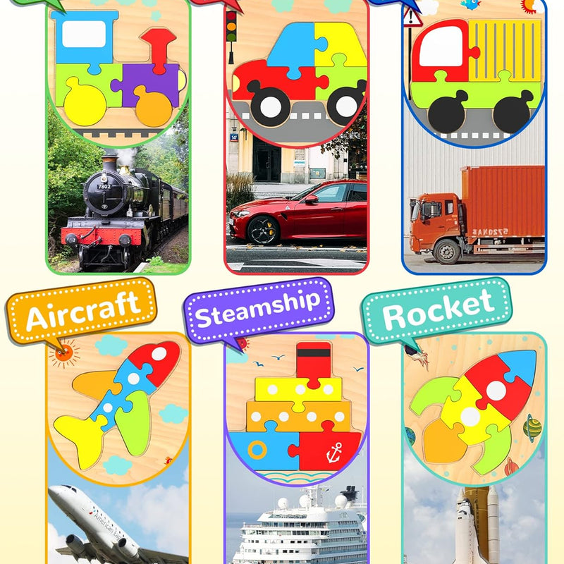 Yetonamr wooden toddler puzzles, 6 vehicle shape montessori toys for 1-3 year old boys and girls, high-quality and safe