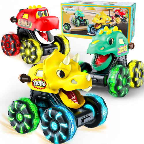 Monster Truck Toys with Dinosaurs for Toddlers 1-3, Press-and-Go Lights-Up Trucks