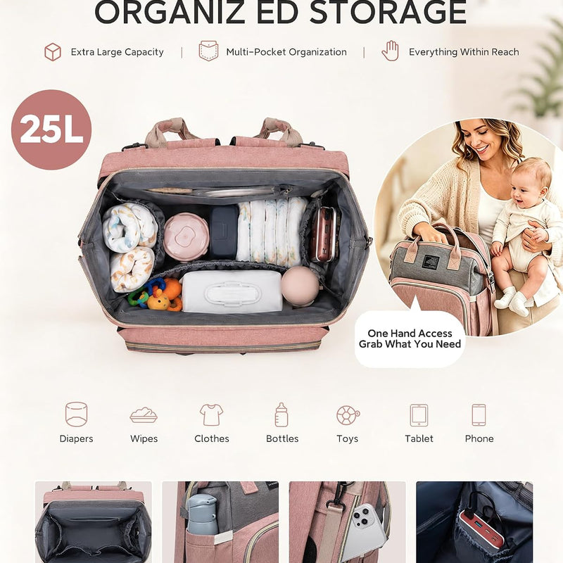 houscly Diaper Bag Backpack with Changing Station, 25L Large Capacity | Multifunction baby bag, baby registry search, baby girl newborn essentials must haves, baby shower gifts, pink