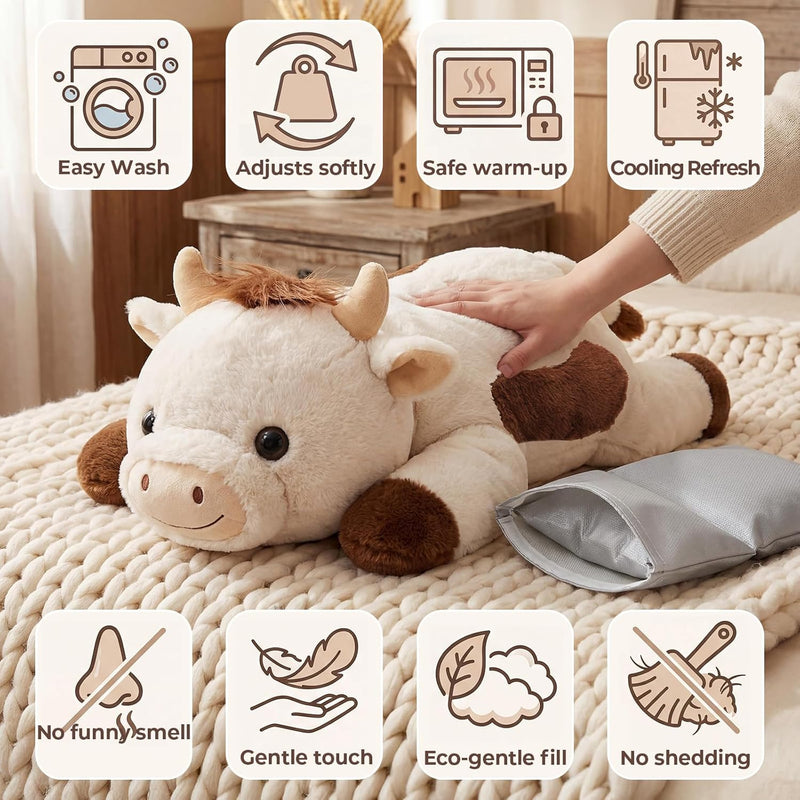 Mewaii Weighted Stuffed Animals for Adults & Kids, 2-5 lbs - 23" Heatable Coolable Cow Plush, Microwavable Adjustable Removable Inner Pad, Realistic Hug Comfort Gift (White)