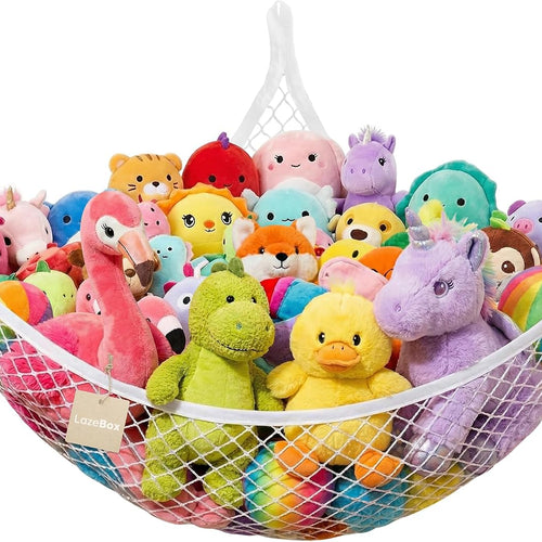 Lazebox Stuffed Animal Net Hammock for Plushie Toys, Stuffed Animal Hammock Corner for Kids' Room Decor, Ideas for Organizing Stuffy Collection, White, L (67" x 40" x 40")-Pack of 1