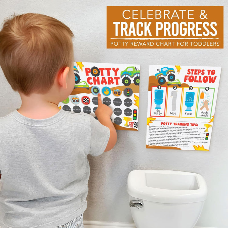 Hadley Designs Potty Training Chart for Toddlers Boys -10 Sticker Potty Chart for Toddlers Boys, 8.5x11" Potty Training Sticker Charts for Toilet Success, Monster Truck Toddler Reward Chart for Kids