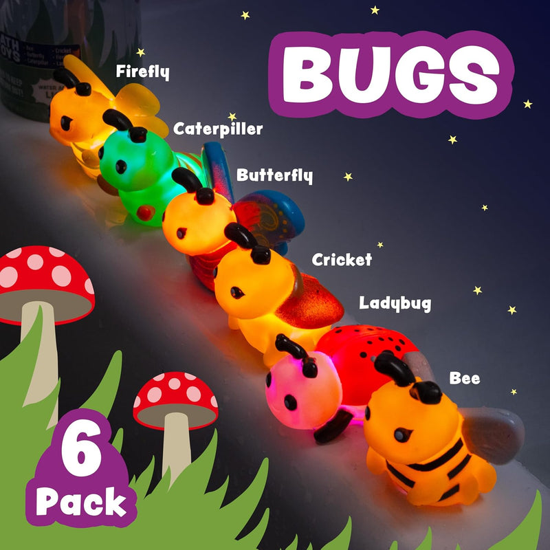 Tub Works Bugs Light Up Bath Toys, 6-Pack - Water-Activated Color-Changing Sensory Toys for Toddlers