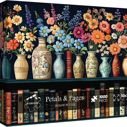 Wildflower Puzzles for Adults 1000 Pieces, PICKFORU Vintage Flower Book Puzzle, Wildflower Pages Jigsaw Puzzle for Book Lover, Floral Art Bookshelf Library Puzzles