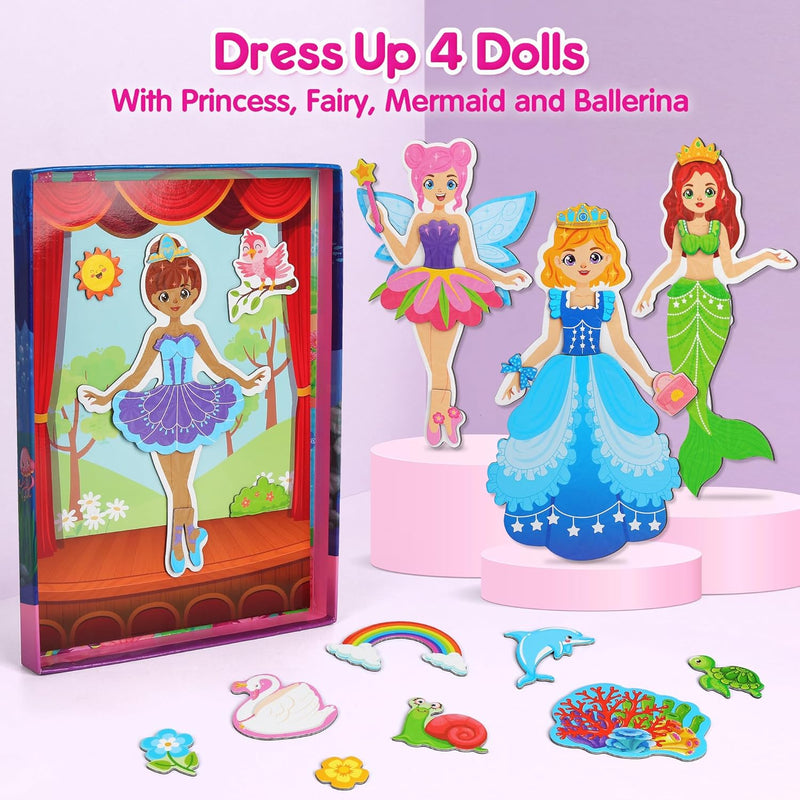 Mocoosy Magnetic Dress Up Dolls for Girls, Princess Mermaid Fairy Ballerina Magnet Doll Playset, Travel Game Airplane Car Road Trip Activity Essential Toy Birthday Gift for Toddler Girl Age 3 4 5 6 7