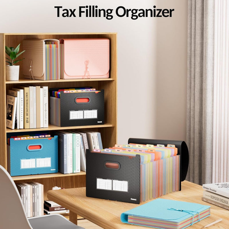 Sooez Upgraded Accordion File Organizer, Expanding File Folder with Deeper 12 Pockets - Never Cover Up Index Tabs, Monthly Bill Paper Receipt Document Organizer, Letter A4 Size for Home Office School