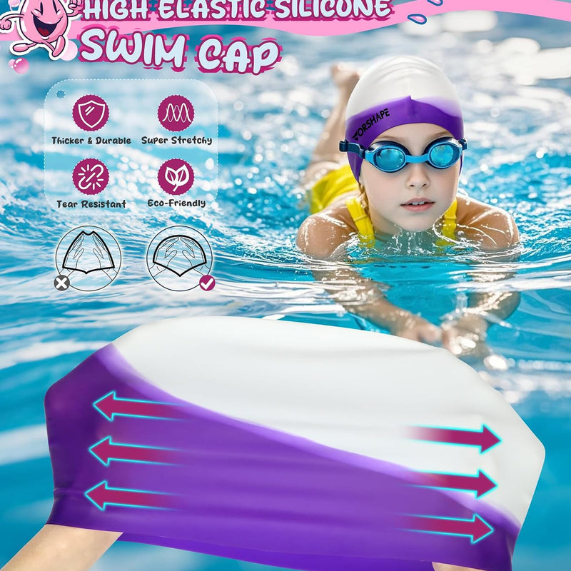 Kids Swim Cap 2 Pack,Silicone Swim Cap for Kids Ages 3-15 | Durable Waterproof Swimming Caps for Girls Boys Toddler,Comfortable Fit for Long Hair Short Hair,for Swimming Lessons Pool