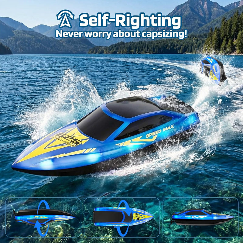 Remote Control Boat for Kids with LED Lights, 2 Speed Modes, Self-Righting, Waterproof RC Boats for Pool, Lake, and River