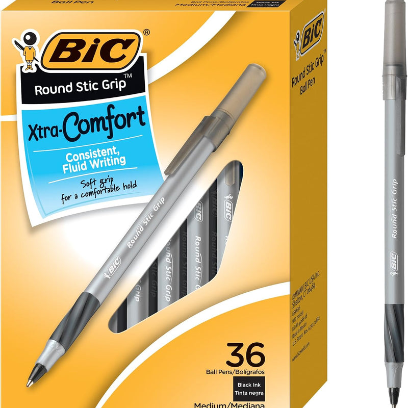 BIC Round Stic Grip Xtra Comfort Black Ballpoint Pens, Medium Point (1.2mm), 36-Count Pack, Perfect Writing Pens With Soft Grip for Superb Comfort and Control