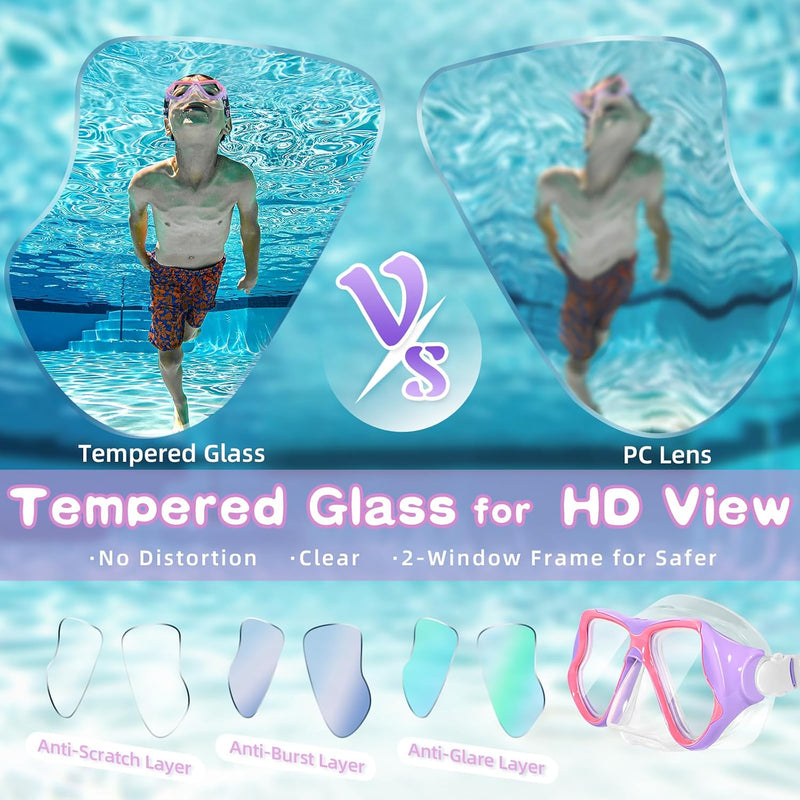 Freela 2 Pack Kids Swim Goggles Mask for Boys Girls 3-14, Tempered Glass Lens 180° HD View with Nose Cover for Pool Beach