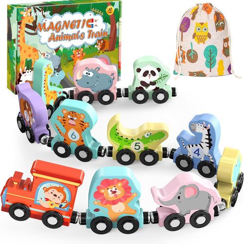 Zeoddler 11-Piece Magnetic Wooden Animals Train Set for Toddlers, Montessori Toys with Natural Wood and Double-Sided Printing