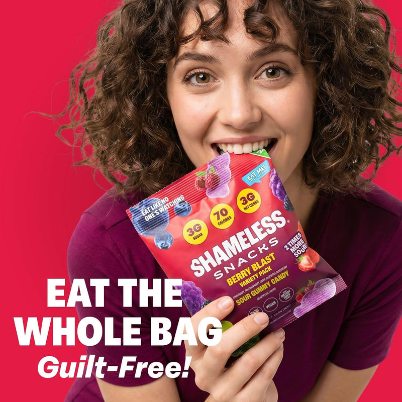 Shameless Snacks Berry Blast Gummy Candy Variety Pack & Fruit Snacks | Keto High Fiber Gummies, 3g Sugar 70 Cals - Gluten Free Vegan Bulk Treats for Kids & Adults