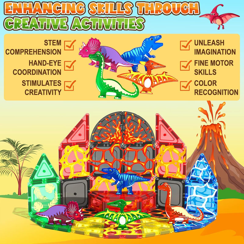 Coodoo Dinosaur Toys Magnetic Tiles Lava Dinosaur World Set - Magnetic Blocks Building for Kids 3-5 5-7 Girls Boys Toy Age 4-6 6-8, Classroom Must Haves Toddler Sensory for 3+ Year Old Kids Toys