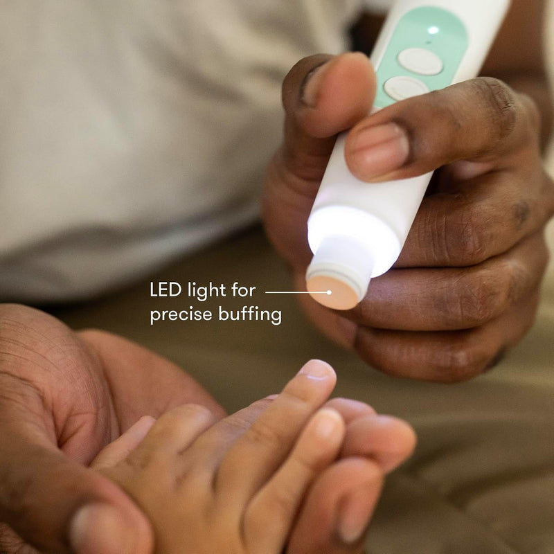 Frida Baby Electric Nail Buffer, Safe Baby Nail File & Trimmer Kit, White | For Newborn & Toddler Fingernails and Toenails, 4 Buffer Pads, LED Light, Storage Case, White