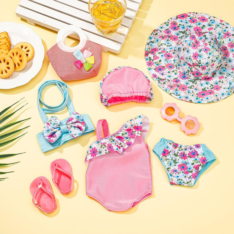 Kajaia 8 Pcs 18 Inch Doll Clothes and Accessories Summer Dolls Swimsuits Beach Playsets Include Doll Swimsuit Bikini Dress Flip Flops Hat Sunglasses Handbag Swim Accessories for 18 Inch Girl Dolls